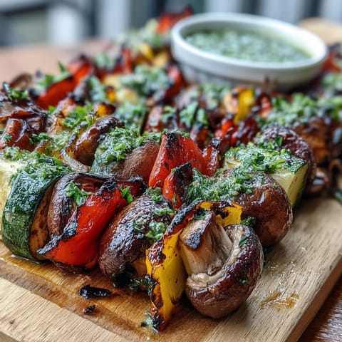 Colorful grilled veggie kabobs glistening with zesty chimichurri sauce, a perfect summer side.
