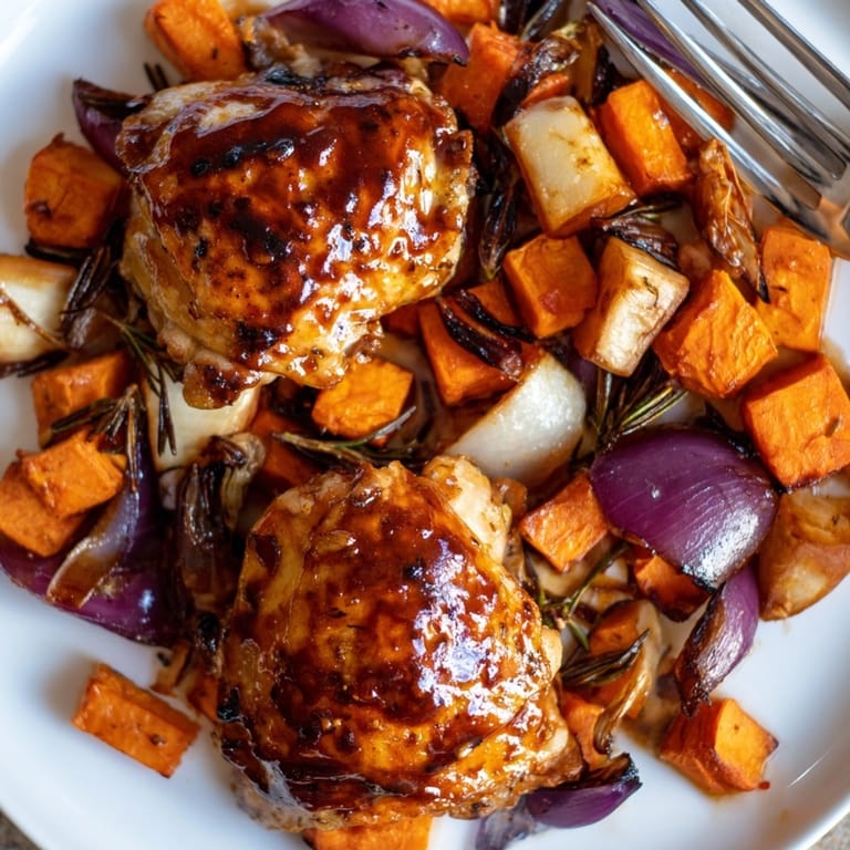 Warm, comforting Honey-Glazed Chicken and Roasted Root Vegetables fills a pan, ready for family.