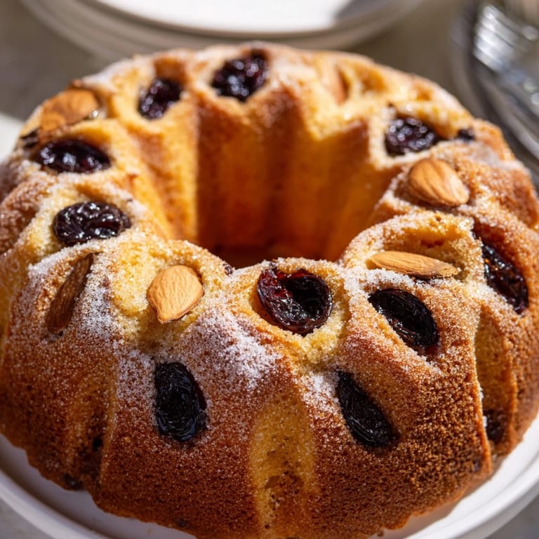 Golden-brown Soft Sweet Plum-Infused Almond Cake, ready for serving with a dusting of powdered sugar.