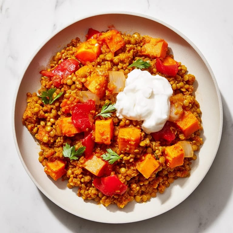 A close-up shot of the Wheat-Warm Hearty Lentil Curry, a flavorful, hearty vegetarian stew with tender lentils.