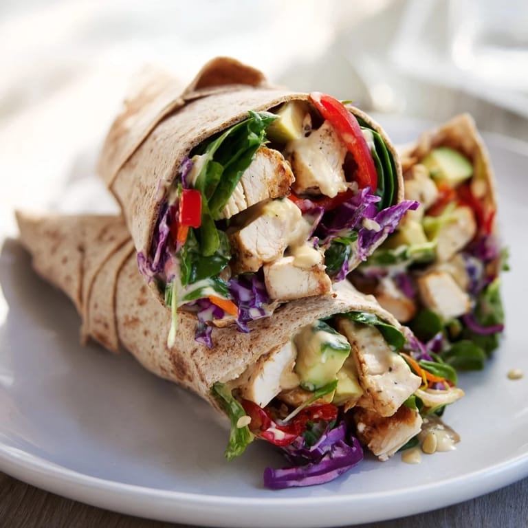 Close-up of Poppy-Inspired Chicken Salad Wraps before slicing, showing the colorful filling and textures.