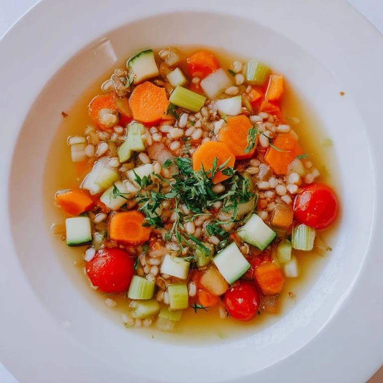 A close-up of a flavorful Simple Homemade Grain and Vegetable Soup, perfect for a cozy, healthy dinner.