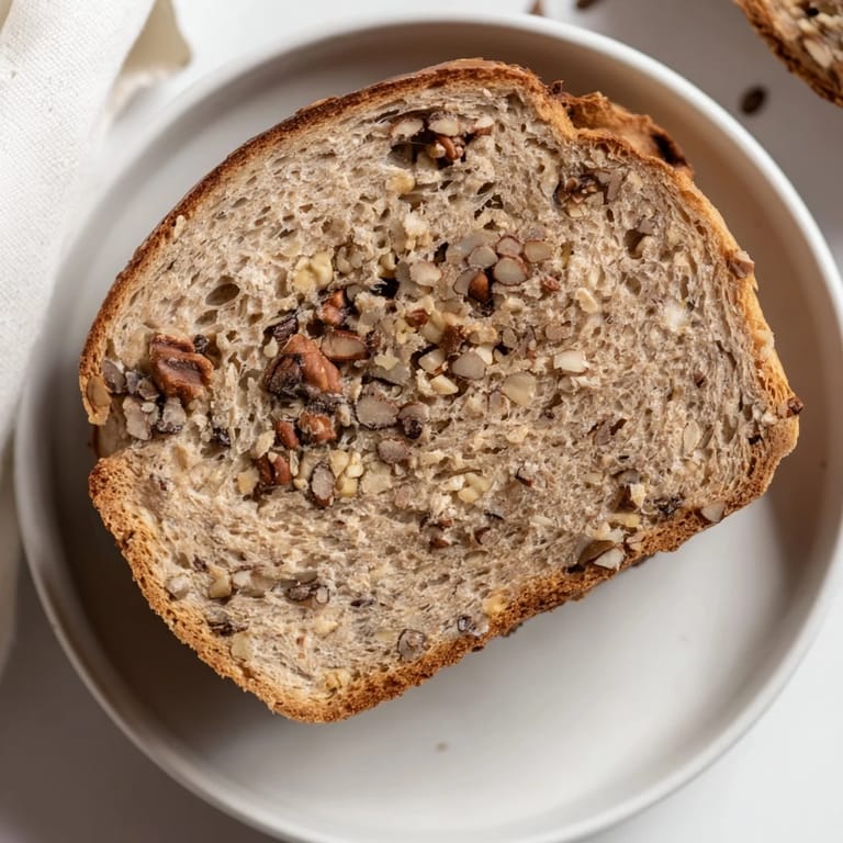Warm, inviting image of a Nutty Whole Wheat Loaf Bread showing a hearty, nut-filled texture.