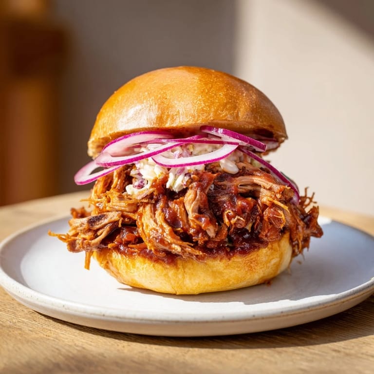 Close-up of Fire-Kissed BBQ Pulled Pork Sandwiches showcasing juicy shredded pork with crispy edges and vibrant herbs.