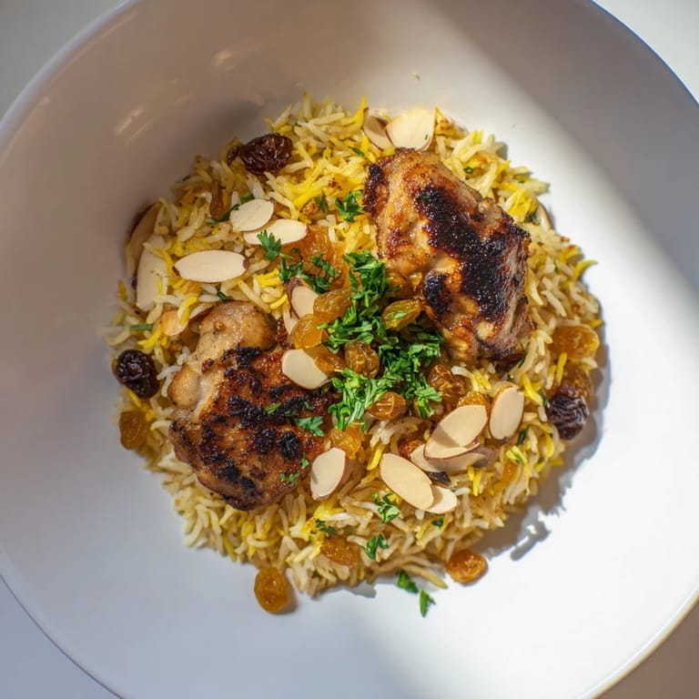 This savory Saffron Chicken and Rice Pilaf features golden rice, visible chicken, and aromatic, warming spices.