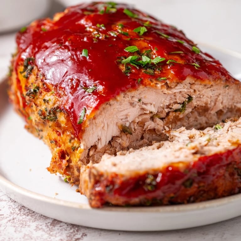 A close-up of a beautifully baked Everyday Herb-Sprigged Turkey Meatloaf, a delicious and tender family meal.