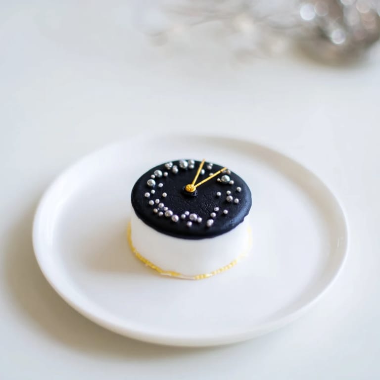 Close-up of baked Countdown Clock Mini Desserts, showing festive clock faces and detail on each dessert.