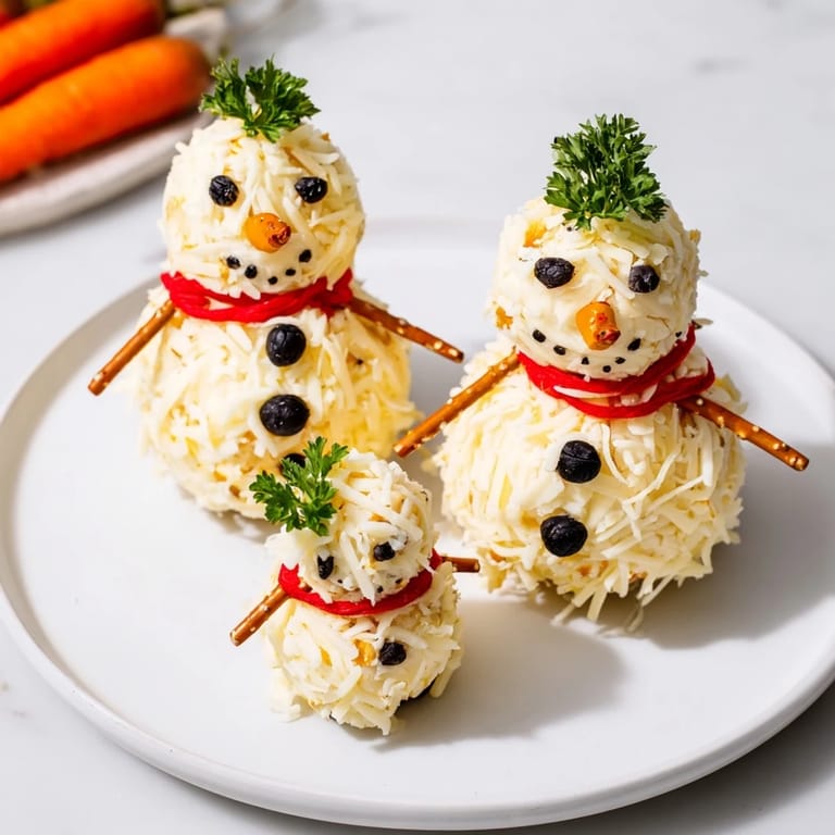Three whimsical Snowman Cheese Balls sit, ready to be paired with crackers for a delicious holiday treat.