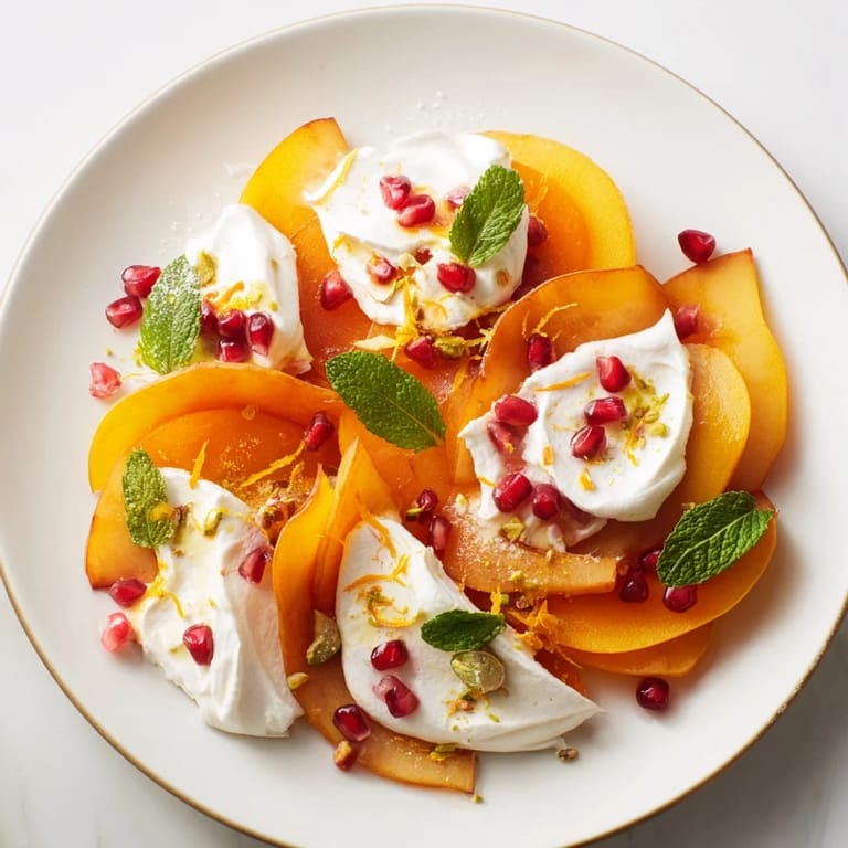 Fresh persimmon and pear snowscape, arranged beautifully, topped with snowy mascarpone cream and bright pomegranate.