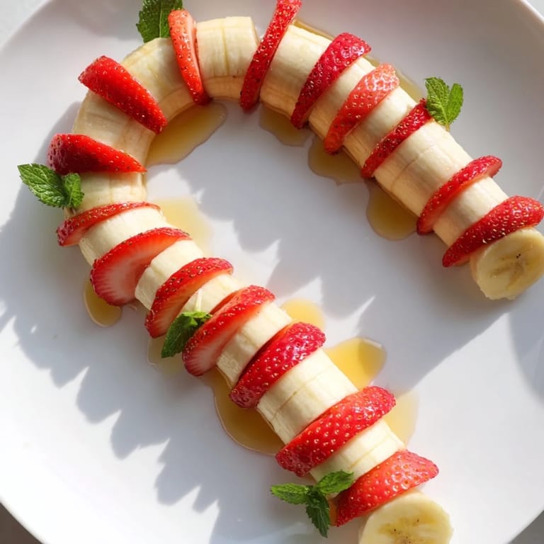 Vibrant red and white banana strawberry candy cane, a simple and healthy holiday snack creation.