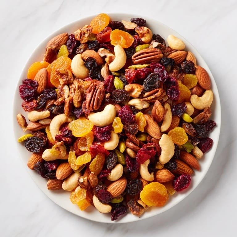 A tempting view of the Easy Party: Assorted Nuts and Dried Fruit Pile, ready for snacking, crunchy and sweet.