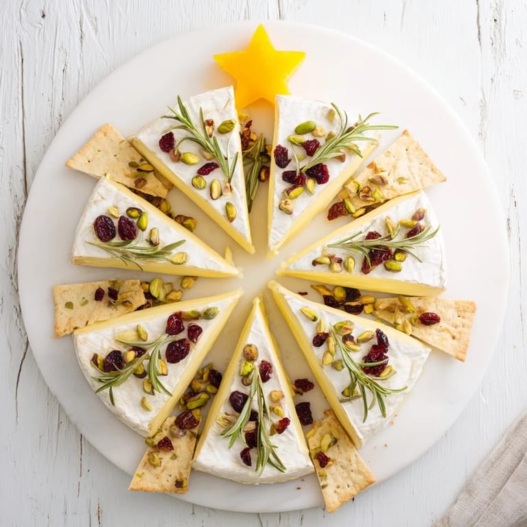 Festive Simple Brie Triangle Cheese Tree arrangement, featuring rosemary and golden Brie wedges, perfect for holiday entertaining.