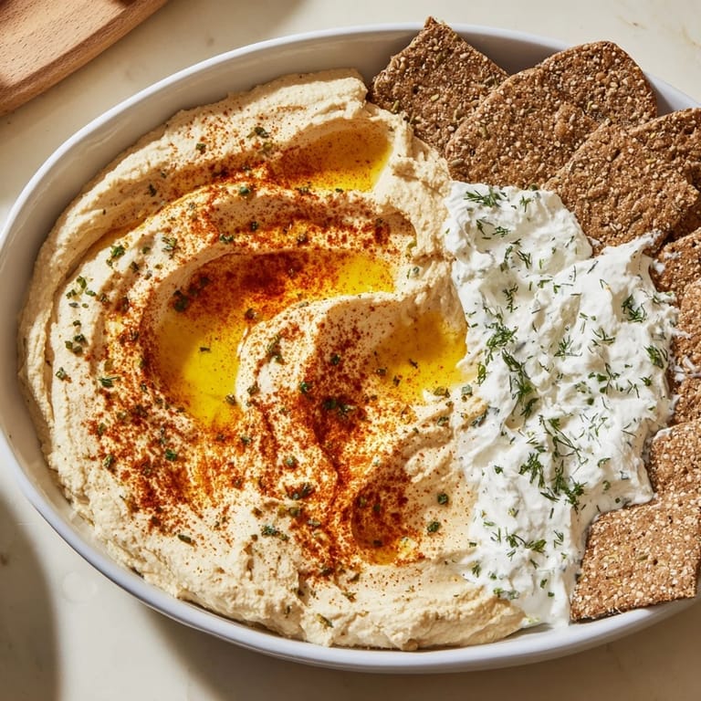Served on a platter, Easy Dips include a smooth hummus and a herby yogurt dip with various crackers.