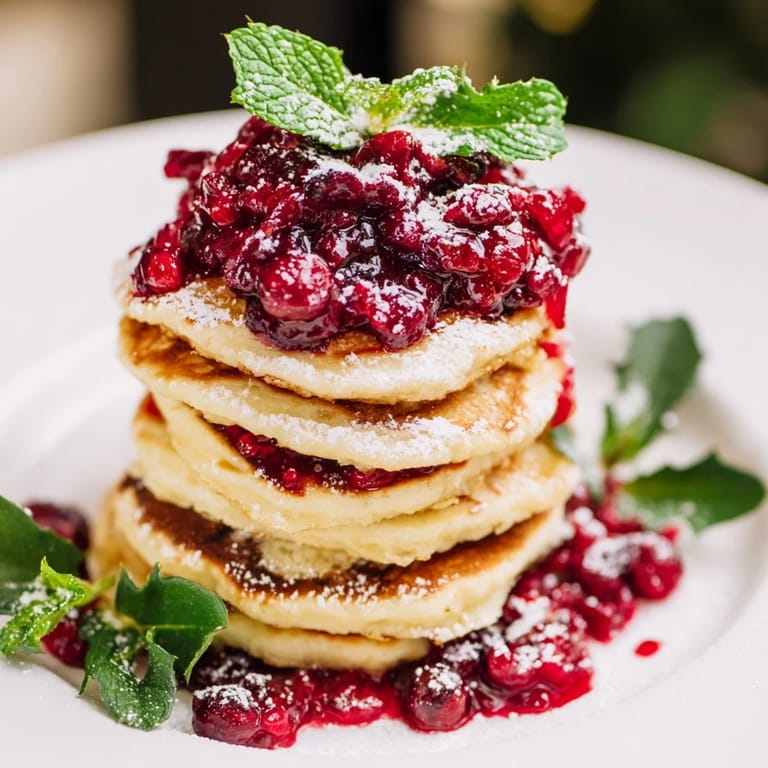 Golden, stacked Brunch Board: Pancake Stack, the red berry "holly" inviting guests to enjoy this brunch treat.