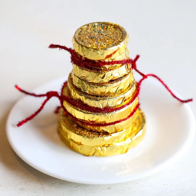 Deliciously stacked chocolate gold coins, tied with festive ribbons, ready for Christmas or parties!
