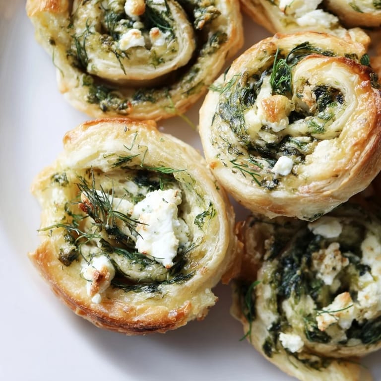 Close-up of baked savory spinach feta pinwheels, displaying layers of pastry and creamy filling.