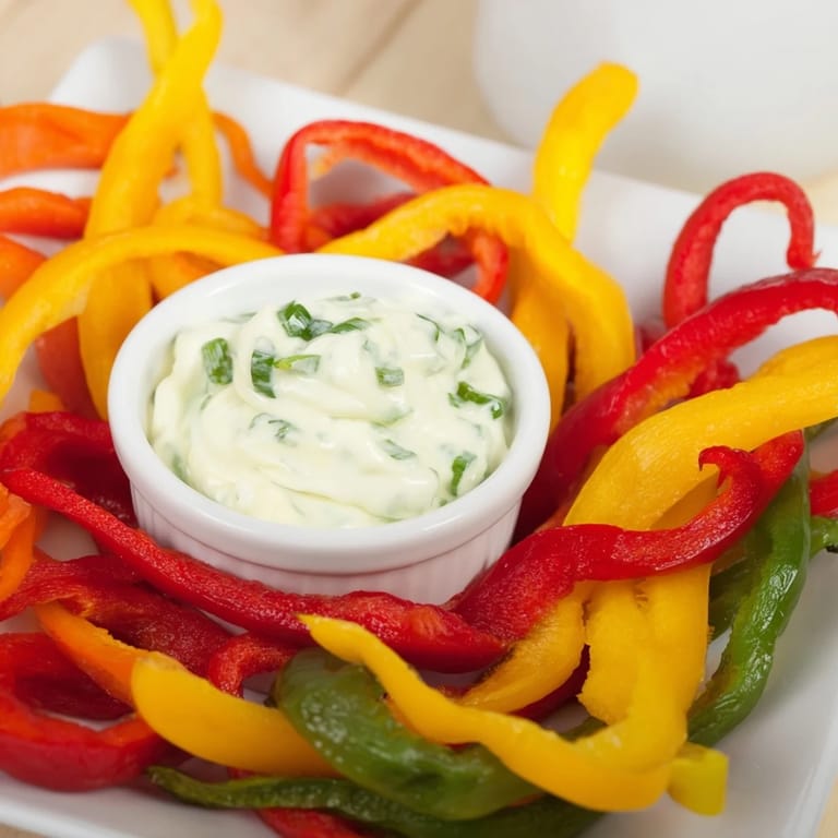 Vivid red, green, and yellow bell pepper strips beautifully arranged, ready to dip in tangy yogurt.
