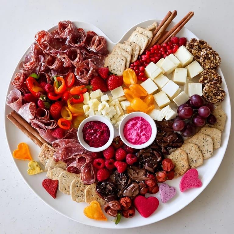 Romantic Heart of Romance Board boasting strawberries, brie, and salami arranged in a festive, delicious display.