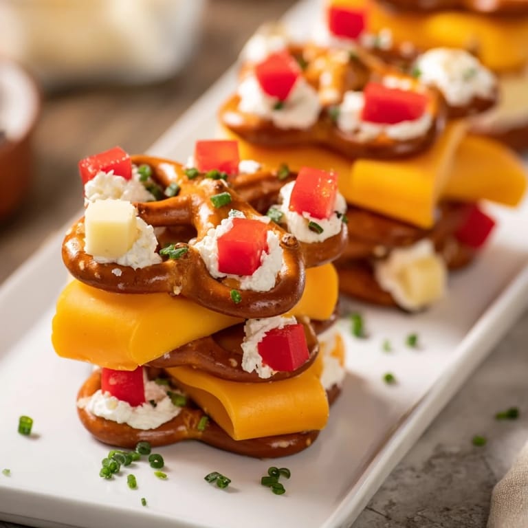This The Rustic Log Cabin features golden pretzel "logs" stacked with creamy cheese and toppings.