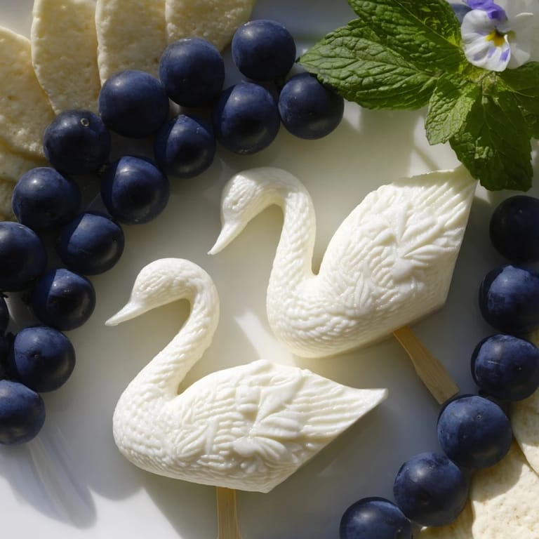 A visually stunning Elegant Swan Lake board, featuring cheese swans floating amidst a grape lake.