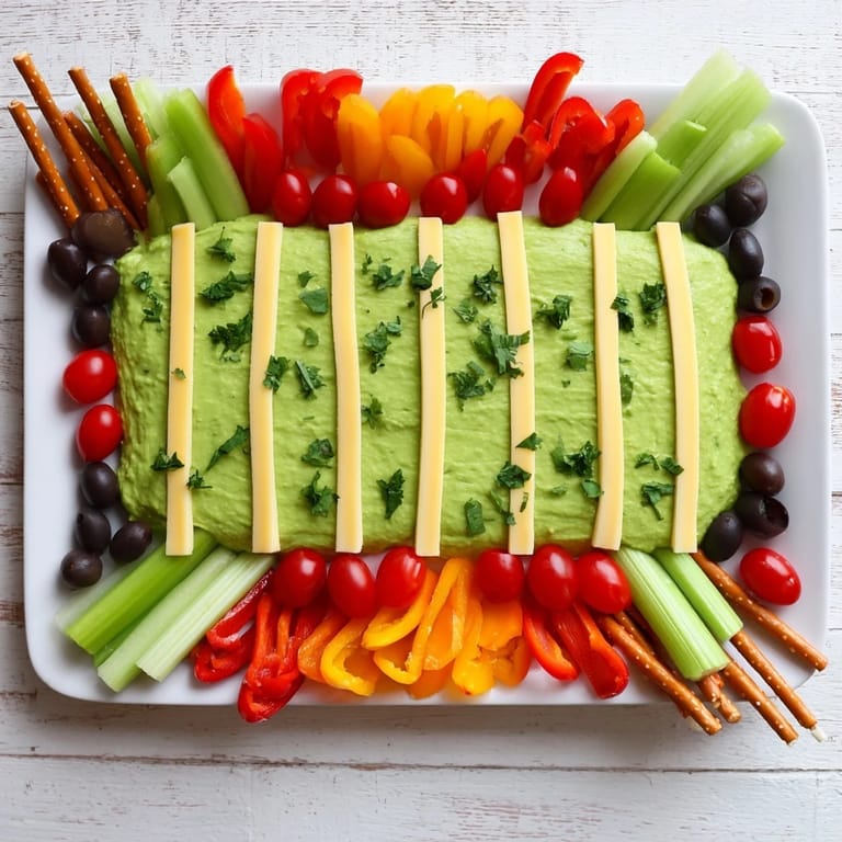 A mouthwatering game day football field snack board overflowing with chips, veggies, and savory dips.