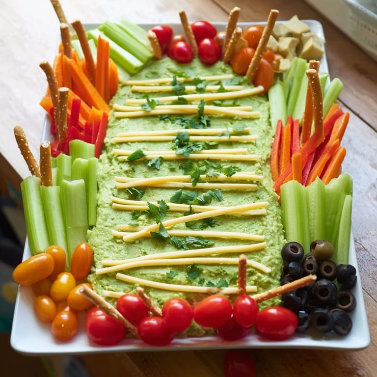 Delicious variety abounds on this game day football field snack board, ready to feed hungry fans.