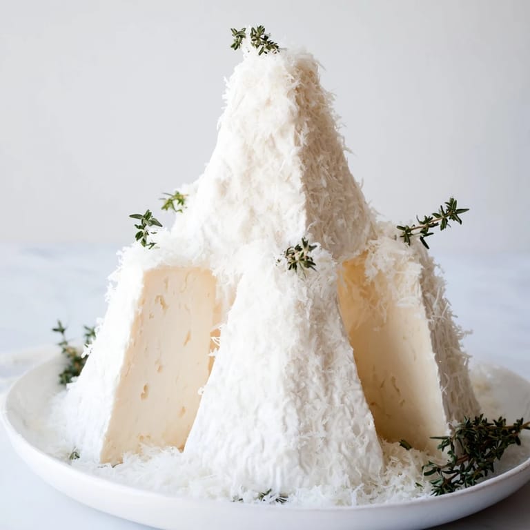 Elegant Snowcapped Range recipe; creamy Brie wedges mimic mountains, dusted with Parmesan, ready to serve.