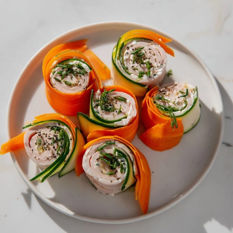 Vibrant The Ribbon Dancer appetizer features carrot and cucumber ribbons around savory turkey.
