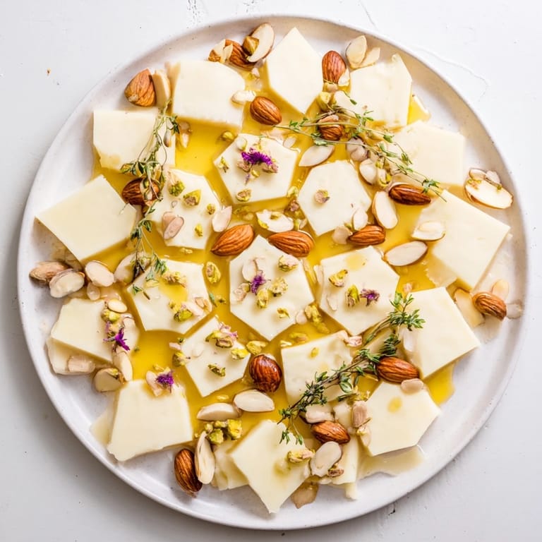 Elegant honeycomb hexagon maze featuring a beautiful arrangement of cheeses, nuts, and drizzled golden honey.