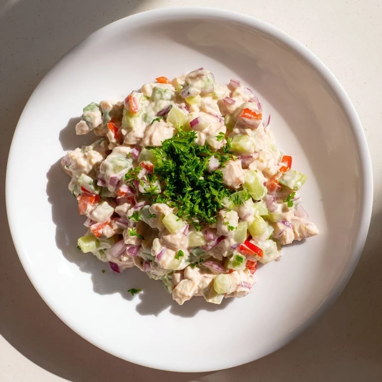A colorful bowl of canned chicken salad with Mrs. Dash, perfect for sandwiches or salads.