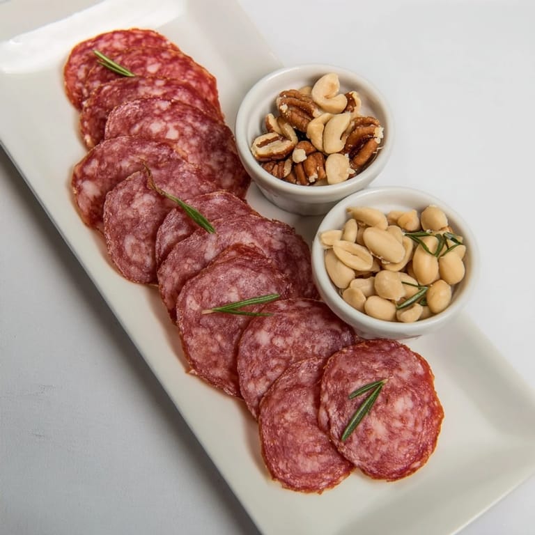 Close-up of a delightful The Infinity Loop: cured salami and nuts ready for guests to enjoy.