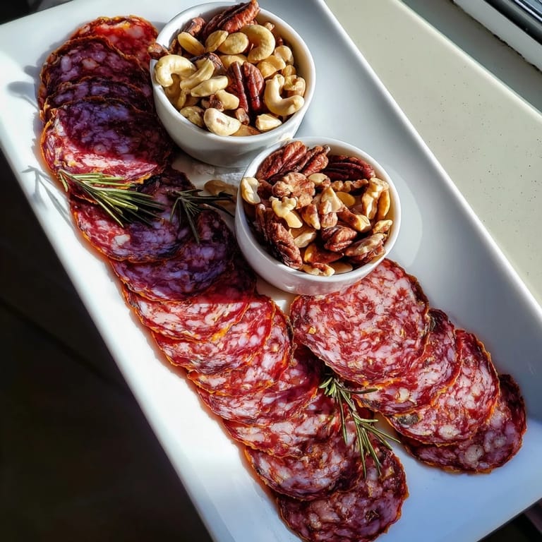 Elegant presentation of The Infinity Loop: artful salami loop alongside bowls of savory mixed nuts.