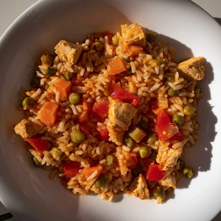 A comforting close-up showcases golden-hued One-Pot Chicken and Rice, hot and ready to serve for dinner.
