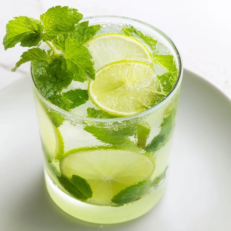 A close-up shot of the blended Mint Lime Agua Fresca, showing the fresh mint and lime slices.