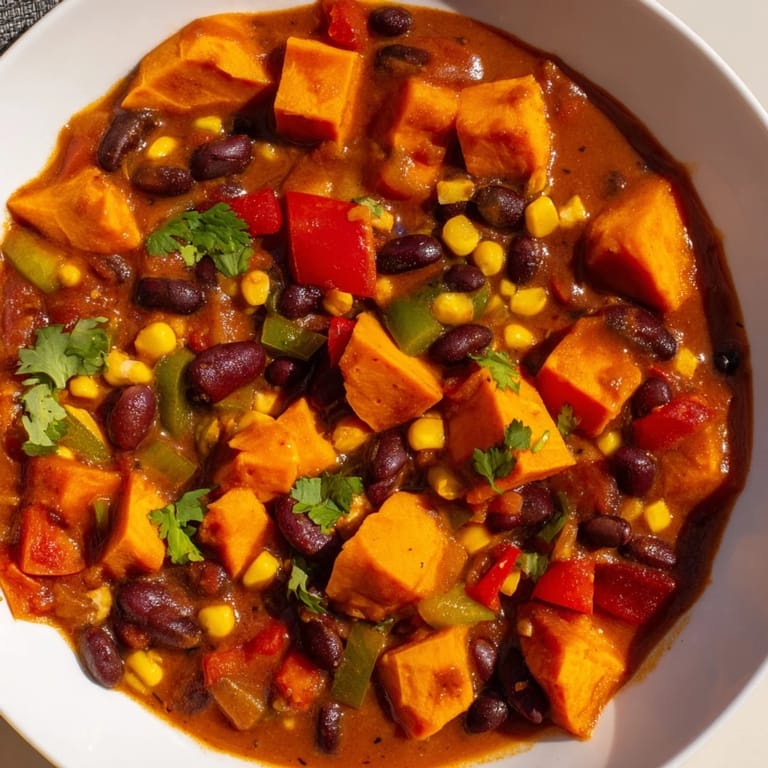 Close-up of a pot of simmering Smoky Sweet Potato Chili, evoking warm, inviting dinner vibes.