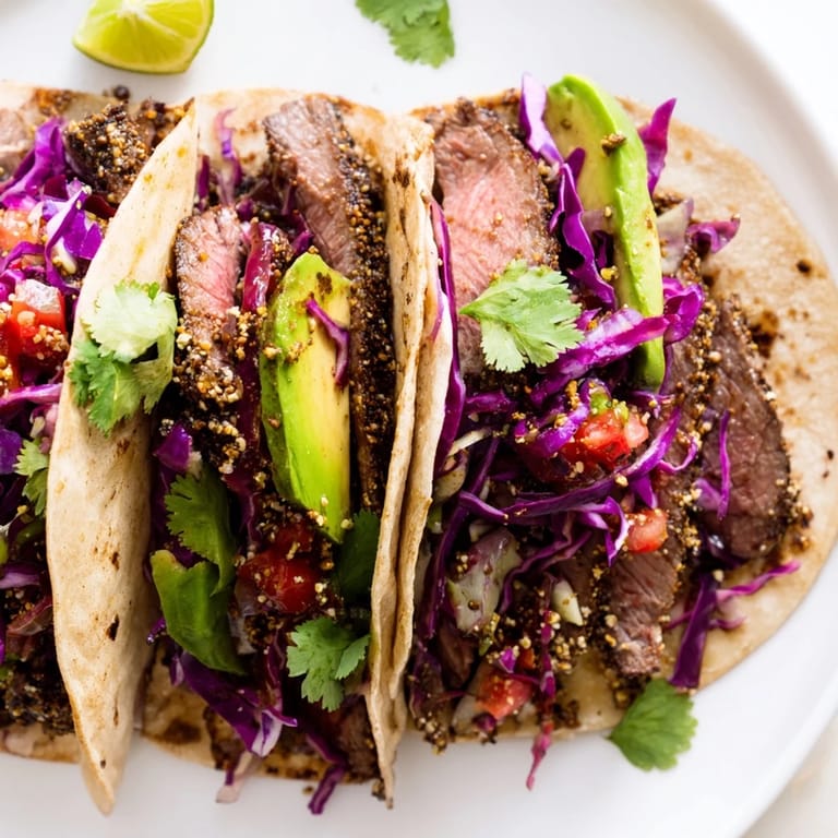 Warm tortillas overflowing with spicy Coffee-Rubbed Steak Tacos, ready to be enjoyed with fresh lime wedges.