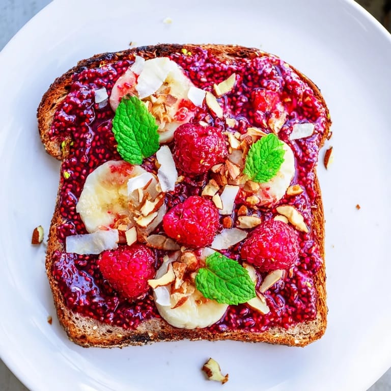 Close-up of a delightful raspberry chia jam toast, showing the sweet, seeded jam and fresh toppings.