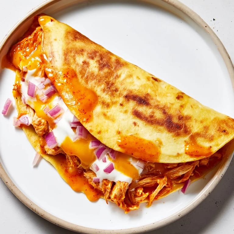 A close-up shot of a Buffalo Chicken Quesadilla, showcasing melty cheese and the flavorful chicken filling.