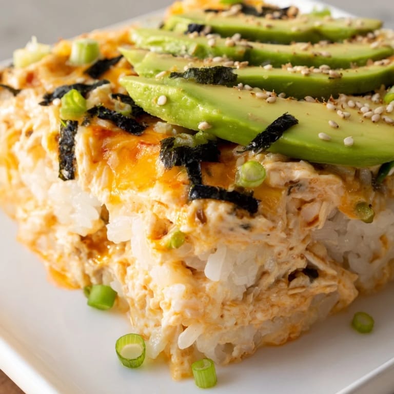 A creamy Chicken Sushi Bake, featuring tender chicken atop perfectly seasoned rice, ready to serve and enjoy.
