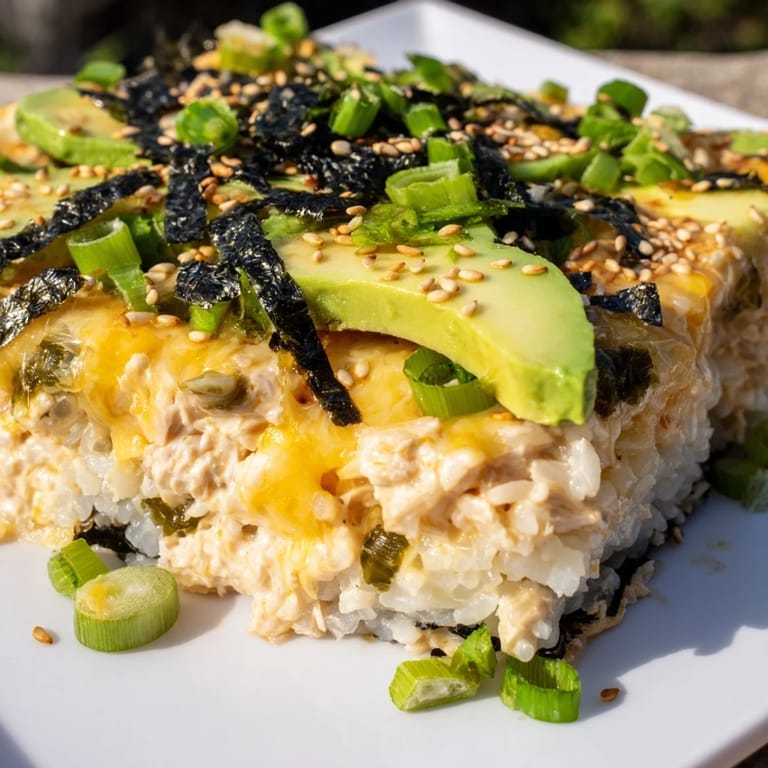 This baked Chicken Sushi Bake showcases layers of savory chicken, cheese, and rice, ready to eat.