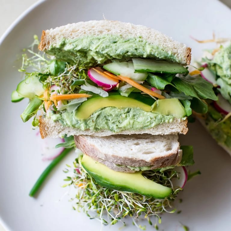 Fresh, stacked Green Goddess Sandwich halves reveal vibrant layers, ready for a satisfying vegetarian meal.