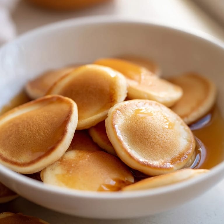 Warm, bite-sized Fluffy Pancake Cereal ready to eat, served with cold milk for a treat.