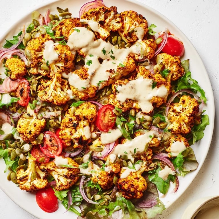 Creamy tahini dressing coats this healthy Crispy Cauliflower Salad, served over fresh mixed greens.