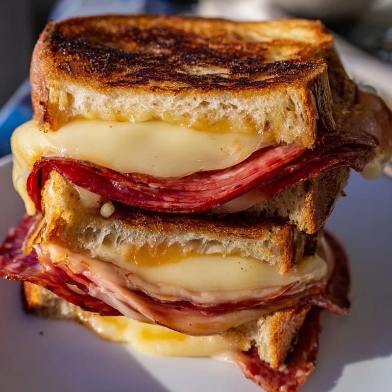 A close-up of a delightful Charcuterie Grilled Cheese, oozing cheese and crisp, browned bread.
