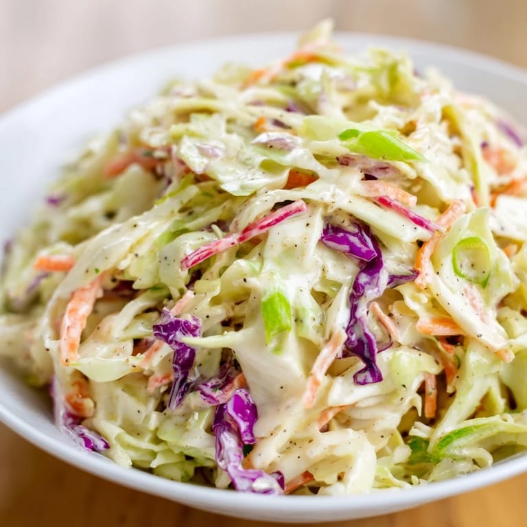 A bowl of Quick Coleslaw Salad, with grated carrots and green onions in creamy dressing, ready to enjoy.