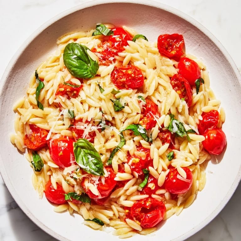 Freshly-made orzo tomato parmesan dish, topped with grated cheese and basil, ready to serve.