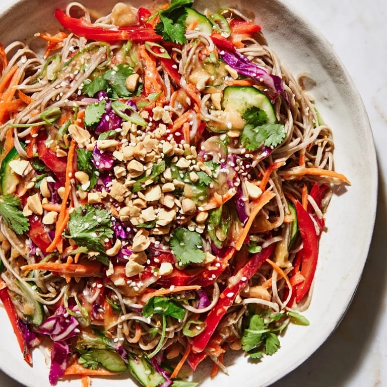 Chilled Cold Noodle Salad with Sesame-Ginger Dressing, garnished with sesame seeds and fresh cilantro, is ready to serve.