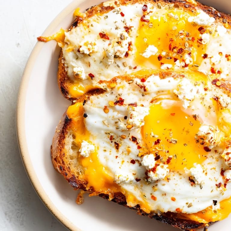 This feta fried eggs grilled cheese features a perfectly cooked egg with a melted cheese center.