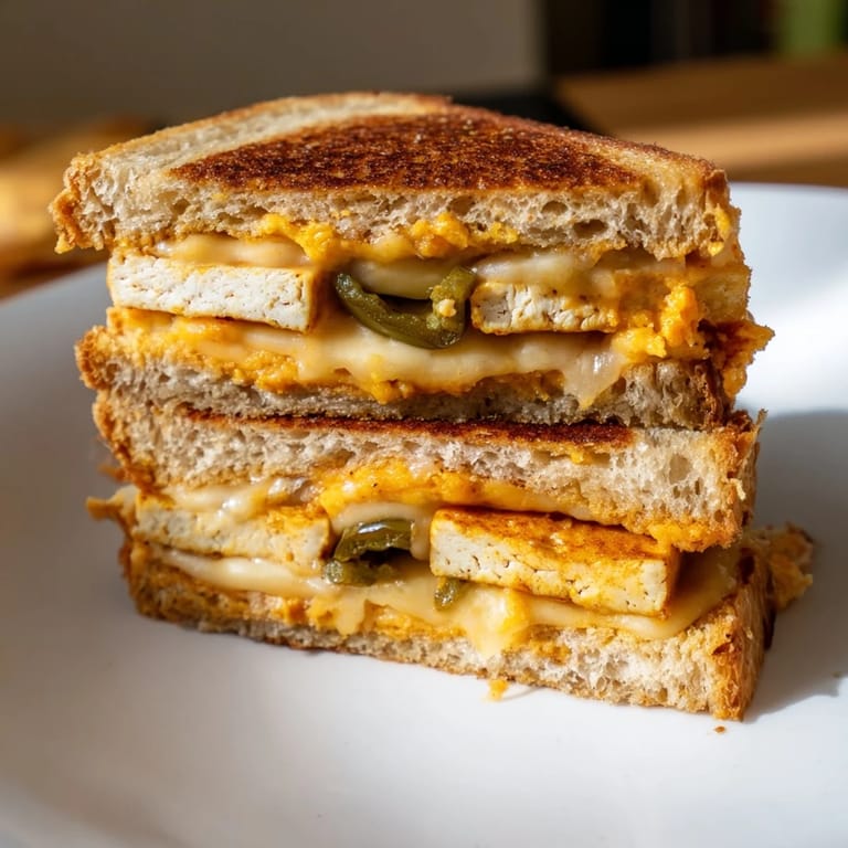 Golden-brown Spicy Crispy Tofu Grilled Cheese, perfectly grilled with vegan cheese, ready to eat and enjoy.