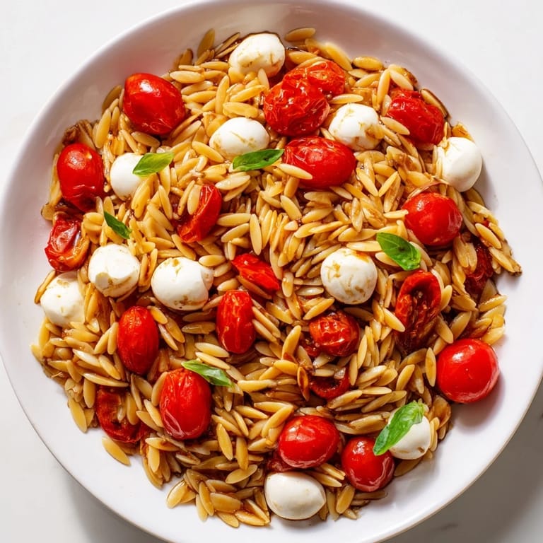 A refreshing Caprese Orzo Salad, with bright red tomatoes, basil, and a delicious balsamic dressing.